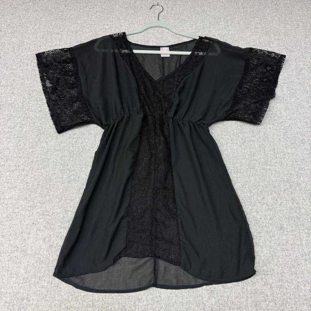 Xhilaration Swim Cover Up Dress Small Black Lace Sheer V-Neck Elastic Waist Boho